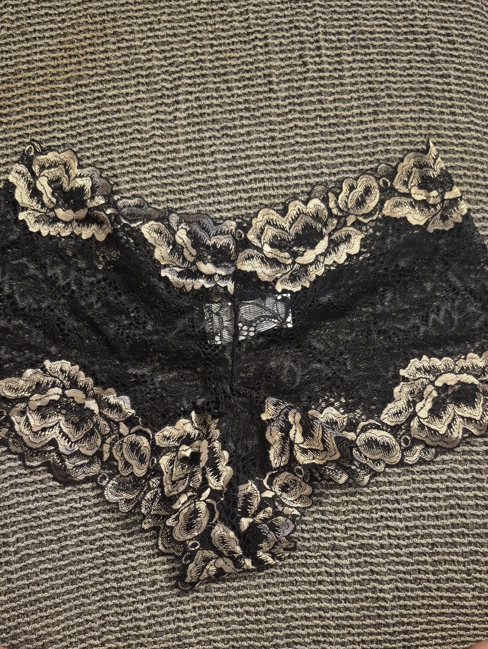 Lace Floral Trim Black & Cream Women's Lace Panty Small